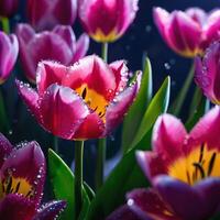 ai generato incredibilmente bellissimo viola tulipani nel il notte prato foto