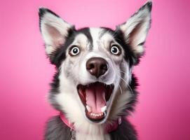 ai generato un' cane è in piedi su un' rosa sfondo con suo lingua su foto