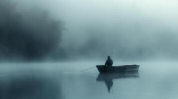 ai generato uomo pesca nel barca su nebbioso lago foto