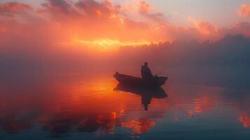 ai generato uomo canottaggio barca su lago a tramonto foto