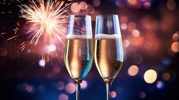 ai generato scintillante Champagne bicchiere impostato contro un' fondale di vivace fuochi d'artificio foto