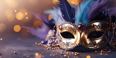 ai generato d'oro Vintage ▾ stile masquerade con un' piuma su viola sfondo foto