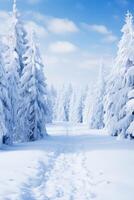 ai generato inverno paesaggio con innevato alberi e un' sereno atmosfera foto