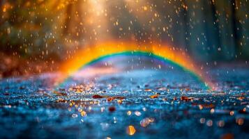 ai generato luminosa arcobaleno splendente nel pioggia foto