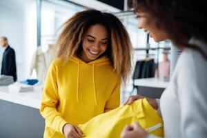 ai generato sorridente attraente giovane donne nel giallo felpa con cappuccio shopping foto