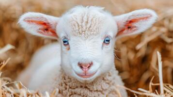 ai generato affascinante bambino capra con travolgente blu occhi nel un' caratteristico rustico fienile ambiente foto