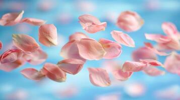 ai generato grazioso minimalista primavera sfondo con galleggiante rosa oro e polvere blu petali foto
