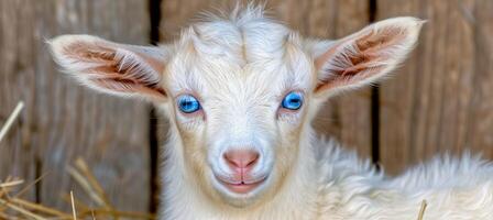 ai generato travolgente giovane capra con Impressionante blu occhi nel un' affascinante e pittoresco rustico fienile foto