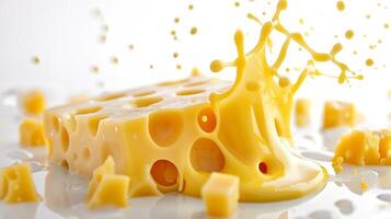 ai generato Cheddar formaggio salsa spruzzi nel il aria su bianca sfondo ideale per culinario concetti. foto