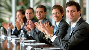 ai generato multiculturale attività commerciale professionisti festeggiare successo nel diverso squadra incontro foto