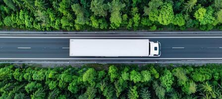 ai generato aereo fuco Visualizza di auto e camion guida su strada in mezzo lussureggiante verde foresta scenario foto