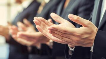 ai generato multiculturale attività commerciale professionisti celebrare insieme a diverso squadra incontro con applausi foto