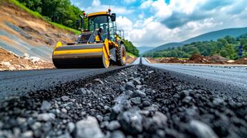 ai generato giallo strada rullo compattazione fresco asfalto su di recente costruito strada per liscio superficie foto