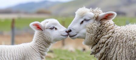 ai generato adorabile agnello affettuosamente coccole con suo madre pecora nel un' bellissimo verde prato foto