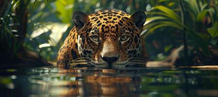ai generato giaguari mescolanza nel lussureggiante tropicale giungla, furtivamente a caccia lungo fiume banche per preda foto