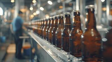 ai generato lavorazione perfezione, Marrone bicchiere birra bottiglie progredendo lungo produzione linea trasportatore cintura nel fabbrica di birra, con lavoratori nel sfondo, evidenziazione il arte di industriale cibo produzione. foto
