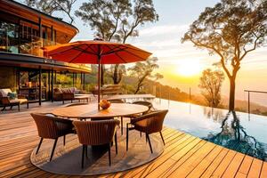 ai generato un' lusso all'aperto piscina la zona con un' posti a sedere preparativi prospiciente un' tramonto e boscoso la zona. per vero tenuta inserzioni o viaggio opuscoli foto