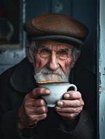 ai generato un anziano uomo con profondamente radicato occhi e un' Esposto alle intemperie viso detiene un' tazza di caffè quello irradia saggezza e vita storie. foto