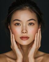ai generato foto di un asiatico femmina modello su buio sfondo