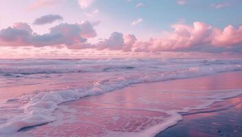 ai generato rosa spiaggia rosa cielo rosa mare foto