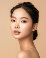 ai generato foto di un asiatico femmina modello su neutro beige sfondo