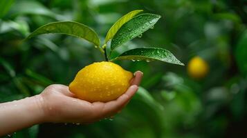 ai generato mano Tenere fresco Limone con sfocato sfondo, ideale Limone raccogliere tra limoni con spazio per testo foto