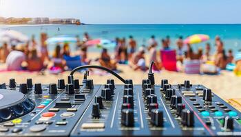 ai generato spiaggia festa dj miscelazione con folla nel sfocato sfondo, all'aperto evento con spazio per testo posizionamento foto