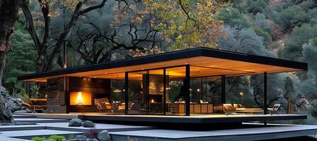 ai generato elegante moderno nero soffitta Casa con un' acciaio telaio padiglione con mozzafiato natura Visualizza foto