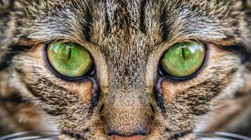 ai generato intenso sguardo cattura gatto S viso su chiudere, evidenziazione animali domestici come un essenziale parte di quotidiano vita. foto