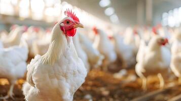ai generato bianca pollo gruppo animale nel azienda agricola. foto