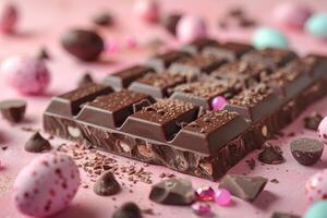 ai generato un' delizioso Schermo di cioccolato indulgenza in mezzo Pasqua confezioni su un' rosa tela. generativo ai foto