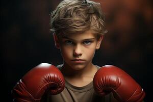 ai generato determinato giovane pugile nel il squillo. bambini boxe foto