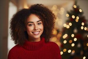 ai generato sorridente nero donna nel Natale Maglione su un' festivo sfondo foto