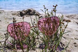 rosa bicchieri su il sabbia vicino blu acqua di lago. foto