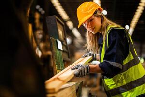 fabbrica ingegnere donna in piedi fiducioso per controllo pannello interruttore. lavoratore lavori a pesante macchina a industria fabbrica. lavoratore controllo legname di crudo legna Materiale. inteligente industria lavoratore operativo. foto