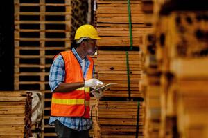 africano lavoratore falegname indossare sicurezza uniforme e difficile cappello Lavorando e controllo il qualità di di legno prodotti a laboratorio produzione. uomo e donna lavoratori legna nel buio magazzino industria. foto