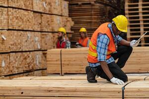 africano lavoratori uomo ingegneria a piedi e ispezionando con Lavorando suite vestito e mano guanto nel legname legna magazzino. concetto di inteligente industria lavoratore operativo. legna fabbriche produrre legna palato. foto