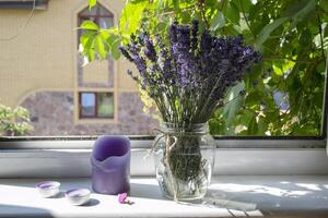 lavanda fiori nel vaso su un' finestra davanzale. foto