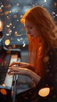ai generato sognante atmosfera, capriccioso e sognante atmosfera di Fotografare il carino dai capelli rossi ragazza giocando il pianoforte circondato di galleggiante musicale Appunti, sfondo Immagine, generativo ai foto