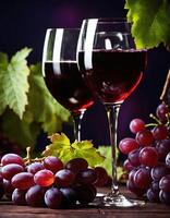 ai generato rosso vino con uva su un' buio sfondo. selettivo messa a fuoco. ai generativo foto