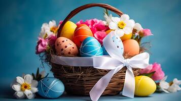 ai generato Pasqua uova nel cestino con fiori foto