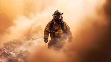 ai generato un' pompiere nel un' gas maschera e casco è a piedi attraverso Fumo foto