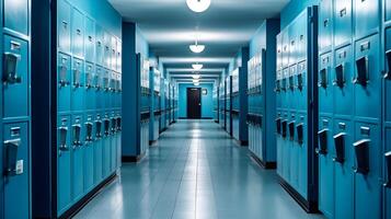 ai generato un' lungo corridoio con blu armadietti nel un' scuola foto