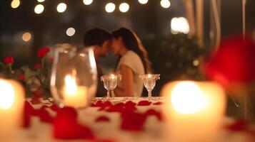 ai generato romantico coppia baci nel lume di candela foto