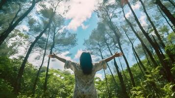 ai generato un' donna in piedi nel il mezzo di un' foresta con sua braccia disteso foto