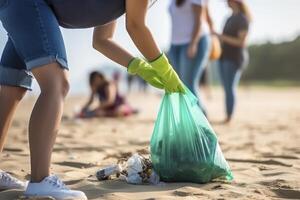 ai generato donna raccolta su spazzatura su il spiaggia foto