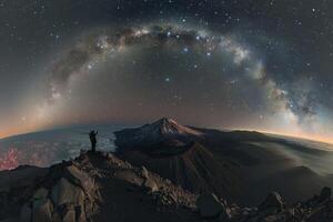 ai generato uomo in piedi su montagna superiore sotto notte cielo foto