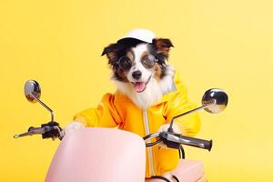 ai generato piccolo cane equitazione su rosa scooter foto