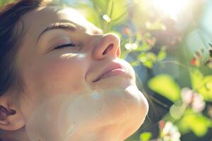 ai generato donna bagnata nel luce del sole foto