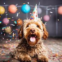 ai generato contento carino labradoodle cane nel festivo cappello foto